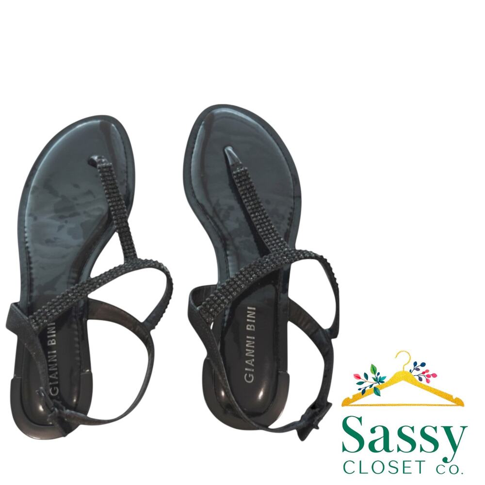 ✨ GIANNI BINI Black Patent Rhinestone T-Strap Thong Sandals Ankle Strap 9 💎